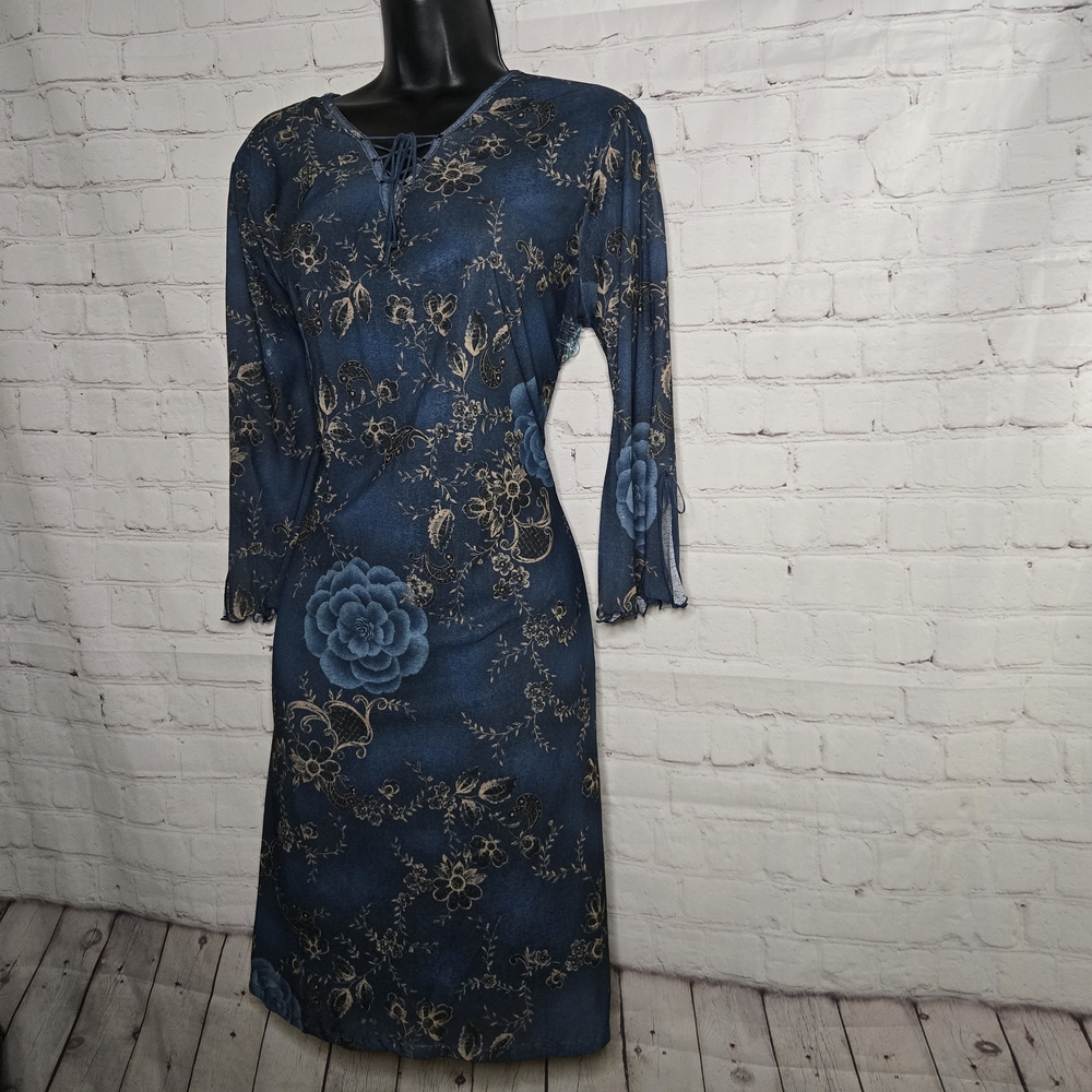 90s Y2k Expressions Blue Floral Butterfly Sleeve Corset V Neck Dress Boho Sz Lg